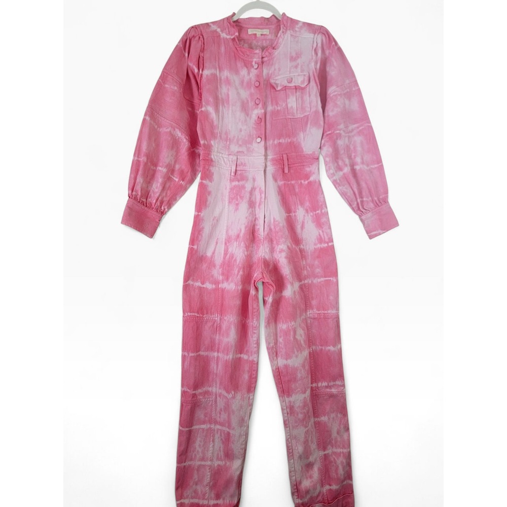 LoveShackFancy Pink Hand Dye Denim Paca Jumpsuit Ruffle Collar Long Sleeve Sze 0